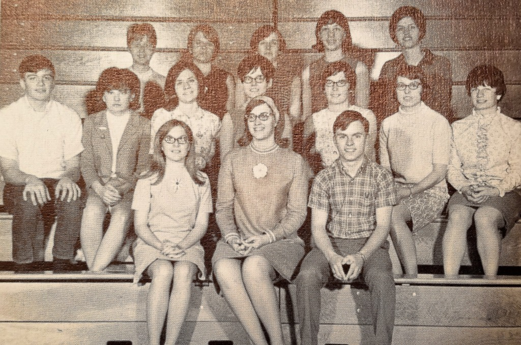 From 1968 Yearbook, Senior year. FTA.
First row (L-R): Lillian Donley (69), Terry Meder, Ken Bowers (69).
Second row (L-R): Rick Charchol, Nancy Rickey, Jackie Gergat, Sandy Olsen (69), Karen Hille (69), Ruth Leiendecker, Karen Snyder.
Third row (L-R): Ju