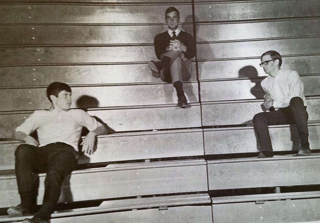 From 1968 Yearbook, Senior year. Coin Club.
L-R: Art Claflin Mr. Shiny Penny, Rick Faulk Mr. Silver Dollar, Jay Elliott Mr. Fiddy Cent.