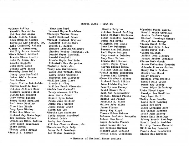 Class of 1965 Graduation Program.  Graduates, page 1 of 3.
Contributed by Reynie Ansley.