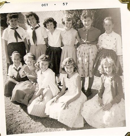 Camp Fire Girls.
bottom row left to right: Diane Milliman, Berla Mullins, Pam Owen, Pam Stelding, Vicki Stelding.
top row left to right: Sue Basham, Carolyn Brown, Delores Forsythe, Gail Ince, Beverly Leito, Gail Mackey.
(Carolyn Brown)