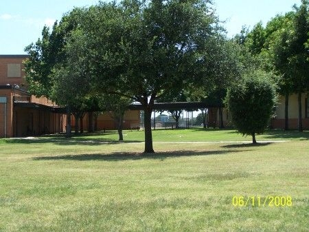 From the front lawn of old Bell High looking west. The Band Hall and Gym are on the left, the south wing is on the right.