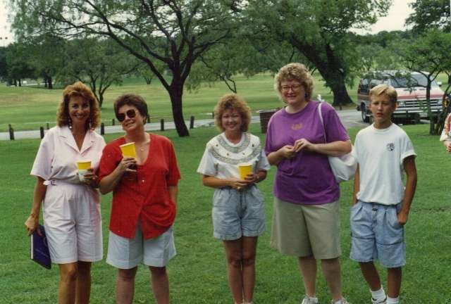 (113) 1990 Reunion: Joe Bolman, (? red top). Mary Alice (Johnson) Miller (purple top) and Bryan Miller, son of Kenneth Miller.