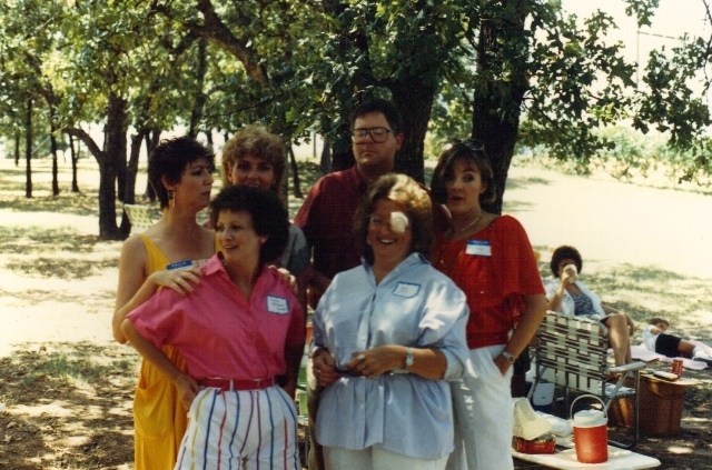 (128) 1985 Reunion: Front, Diane Millson (pink top),Sandra Parker. Back, Delores Forsythe (yellow); Betty Hardin, Bo Fitch (glasses) and looks like Connie Moak (red).