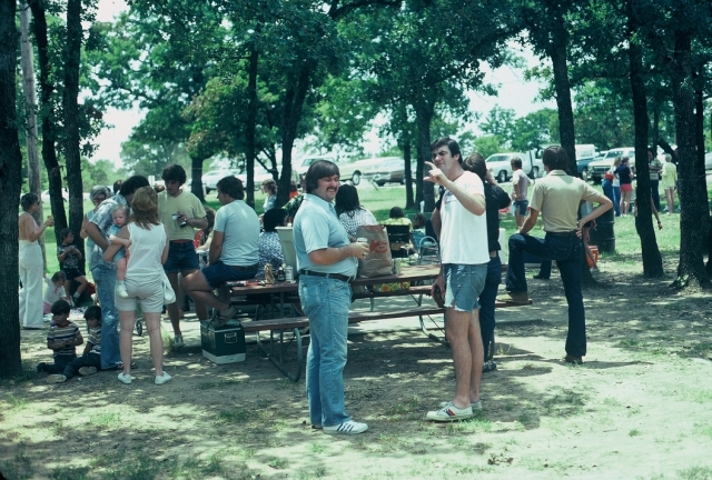 (031) 1975 Reunion Picnic Event: Soapy Aclin and Charlie Stewart. Back in the days when people still pointed at airplanes, Look! theres one!