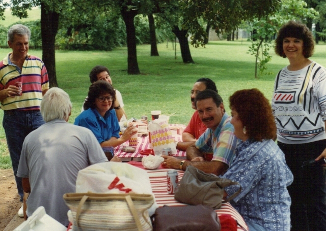 (124) 1985 Reunion: Dianne James standing on the right behind Ron Feilds and Joe Gonzales. Mike Rader standing on the left. Bob Odgers (white hair and Diannes husband).