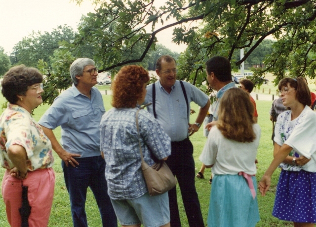 (119) 1990 Reunion: Faculty visit from Gary Bryant (gray hair), Hoot Smith.