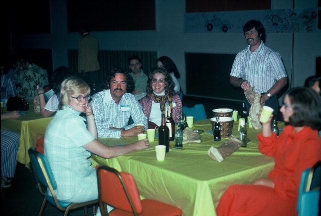 (003) 1975 Reunion Evening Event:  Mary Alice (Johnson) Miller, then Don and Charlene Gardner, Kenneth (Soapy) Aclin.  What a bunch of lushes!!