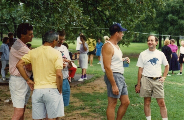 (104) 1990 Reunion: Johnny Roland (pink shirt), (? yellow shirt), Jerry Riel, Alan Allman (baseball cap), John Hastings.