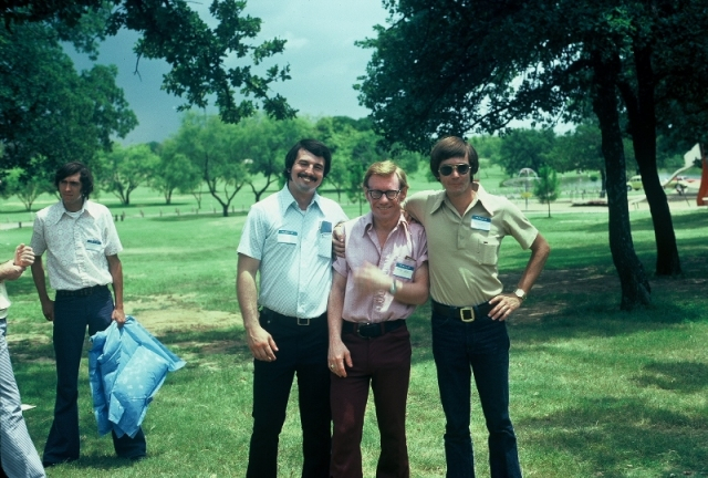 (043) 1975 Reunion Picnic Event: Danny Huckabee in the back with the blue pillow. Up front... Larry Jones, Glen Birch, Don Hawkins.