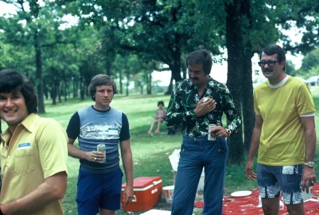 (038) 1975 Reunion Picnic Event: Bobby Haynes, Gary Harbin (who still owes me $20 from college), Ted Kendrick and Mike Taylor. (Ken Miller).