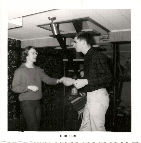 Judy Durand and Mike Ryles (58) dancing during party at Sharon Weathers home December 1958
