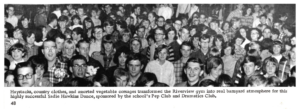 Sadie Hawkins Dance-Fall 1966. I see Cheryl Byers (my sister) in the middle. From the class of 69 I see (from right to left) Scot Drysdale, Shirley Goldschmidt, Carolyn Amick, Bonnie Collins, Deb Hanson, John Bruenger, Steve Wallis, Alison Wynn, and John