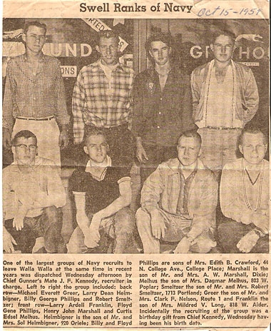 Front row: Larry Franklin, Floyd Phillips, Henry Marshall, Curtis Melhus.  
Back Row:  Michael Greer, Larry Heimbigner, Billy Phlillips, Robert Smeltzer.  October 15, 1959.