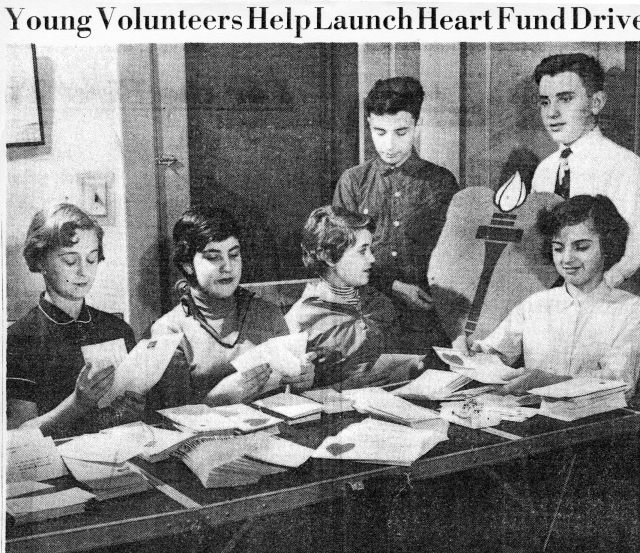 1956 Heart Fund Drive in New Haven. Teenagers from Troup. From left to right: Judy Piper, Harriet Rosen, Jennith Kuperstein, Ann Beck. Standing: Robert DAmico and Gary Holcombe.