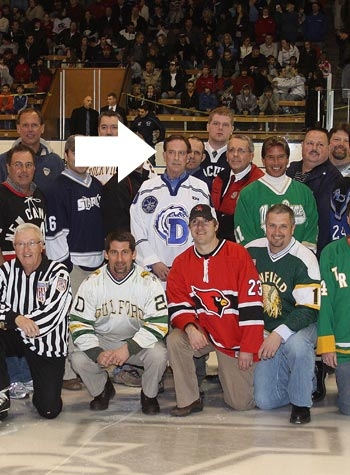 Sandy McGill at the CIAC finals at Yale honoring CT high school hockey championship teams. 1969 hockey team only DHS hockey team to win States.
