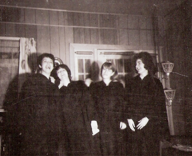 This is a photo of Janet Pratt,
Dorthy Wilson, Anita Knight and Kathy Beard. The party was after graduation. 