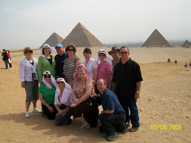 Ruth, Chris, Barb, Jeannell, friends and family at the Giza Pyramids. Great trip!