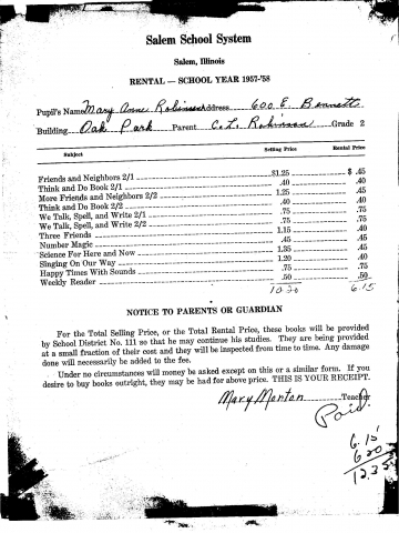 Cost of going to school - Grade 2
Mary Anne Robinson Pruden