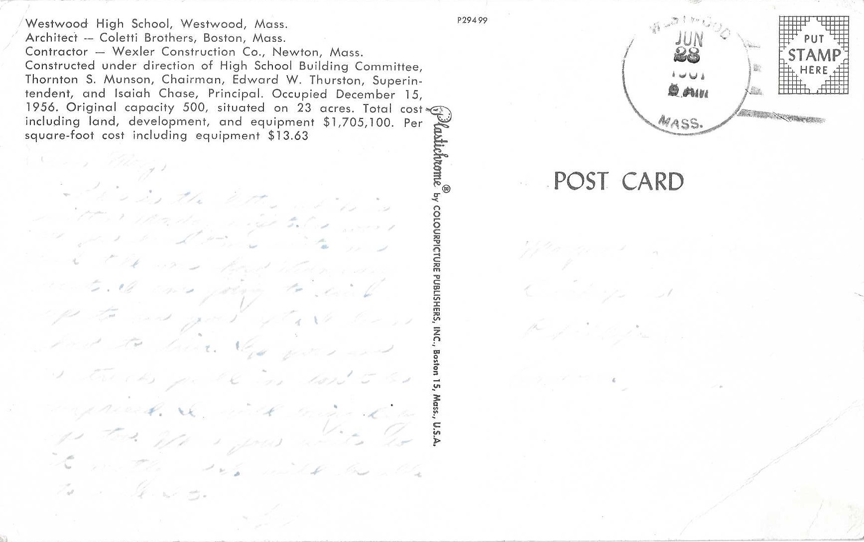 WHS Early 1960's Postcard Back view