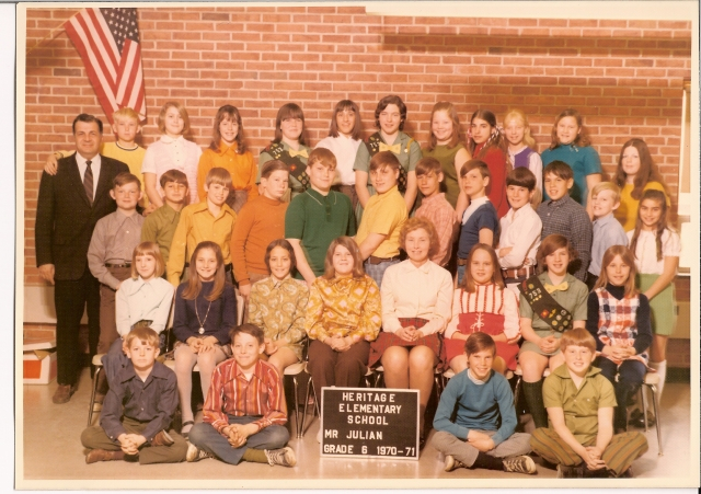 Heritage 6th Grade: Mr. Julian, Kees Bakker, Sue Jahns, Denise McCoy, Anita Morris, Diann Soper, Kelly Merritt, Karen Thomas, (Tina Conway?), Sissy Paige, Sue Berryhill // Joe Brinton, Ronnie Saxton, Mark Stevens, Jeff Pyle, Ray Troyer, Kevin Gregson, Ric