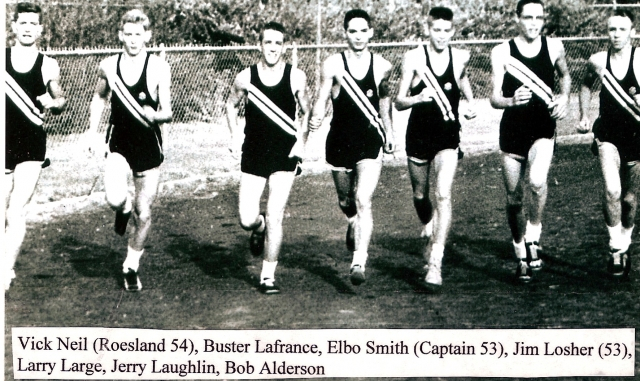 Look at this great Cross Country Team submitted by Jim Losher. L to R: Vick Neil, Buster LaFrance, Elbo Smith (Captain), Jim Losher, Larry Large, Jerry Laughlin, Bob Alderson.