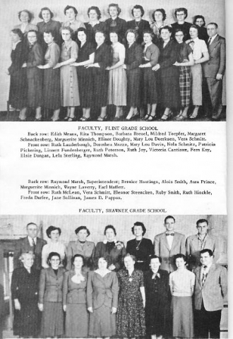 FACULTY, FLINT GRADE SCHOOL
     Back row:  Edith Means, Rita Thompson, Barbara Breuel, Mildred Toepfer, Margaret Schnackenberg, Marguerite Minnich, Elinor Doughty, Mary Lou Duerksen, Vera Schmitt.
     Front row:  Ruth Lauderbaugh, Dorothea Mazza, Mary