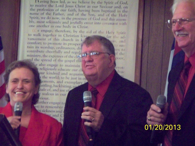 Sharon, Gary & John stopping long enough for a photo op at Welcome Baptist Church in January, 2013.  This is the first singing of the New Year for the group. 