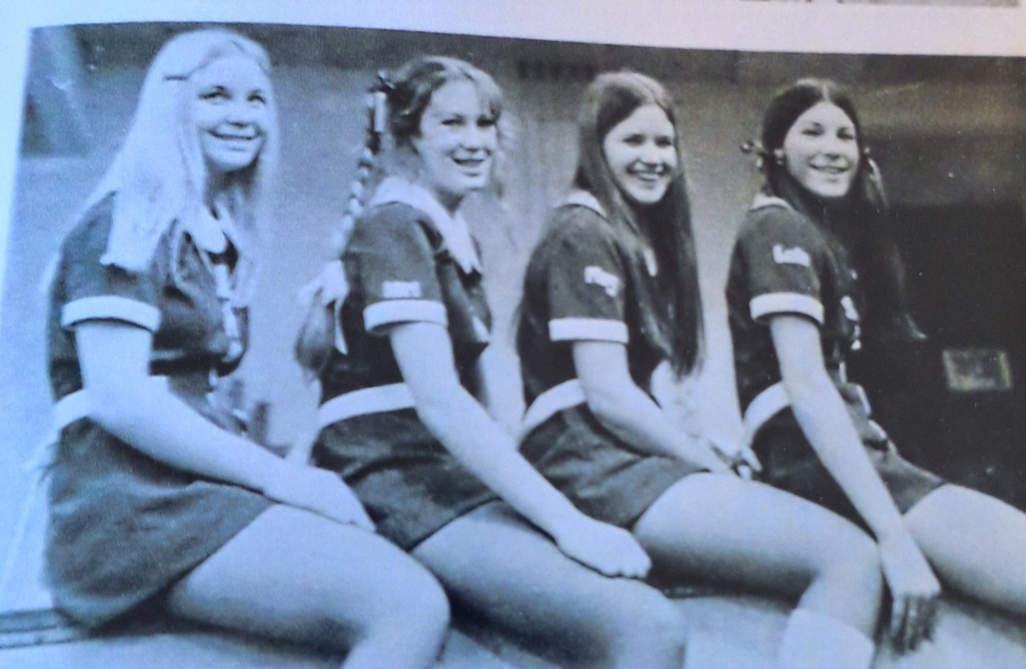 PAHS JV Cheerleaders 1972-73 Jan T, Kim U, Mary M, Leslie J
