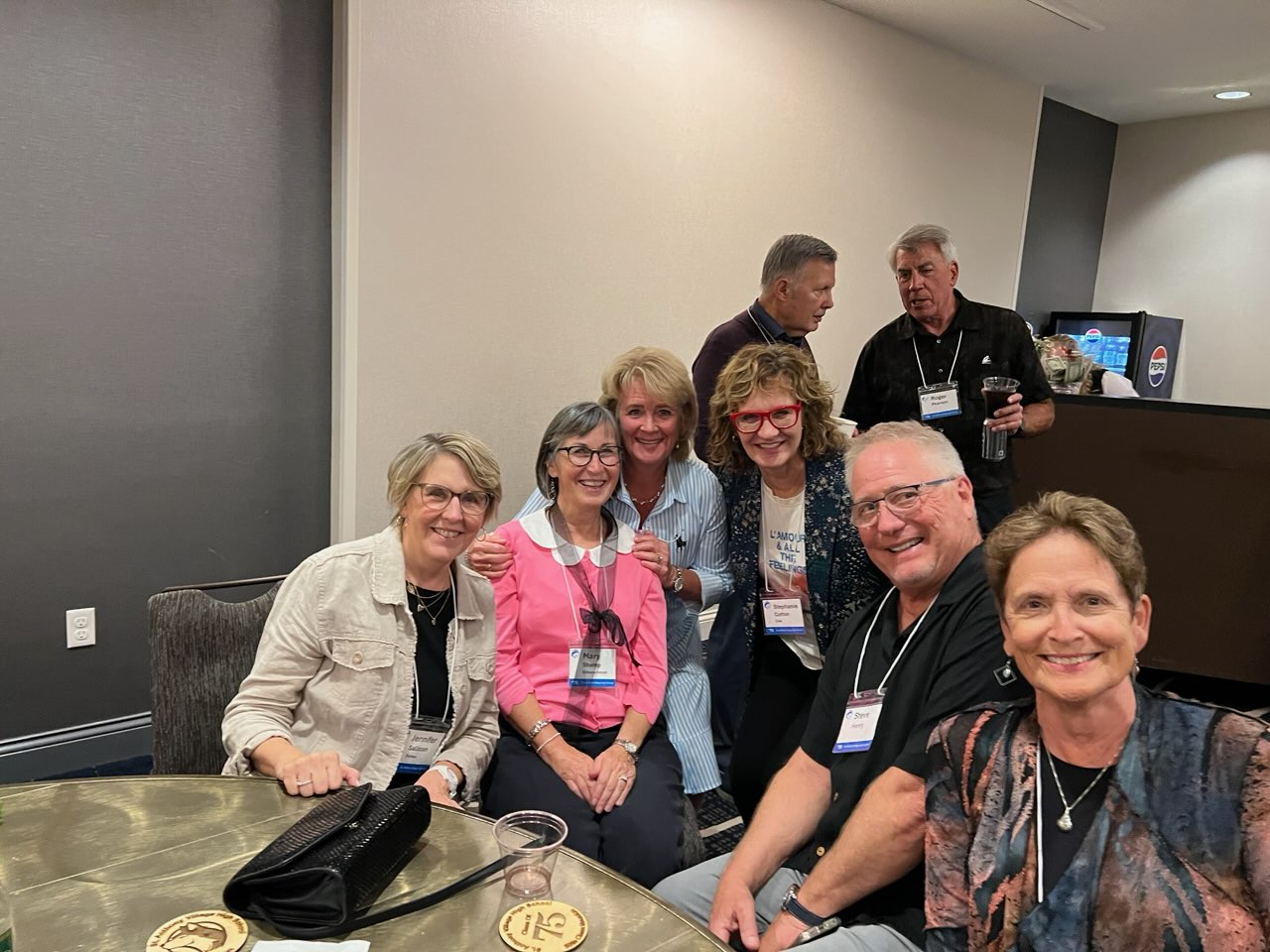 Front: Jenny Sallman, Mary Shamp, Linda Soll, Stephanie Cotton, Steve Henry, Mary Jo Papatola.  Rear: Paul Durand, Roger Pearson - by Nancy Papatola