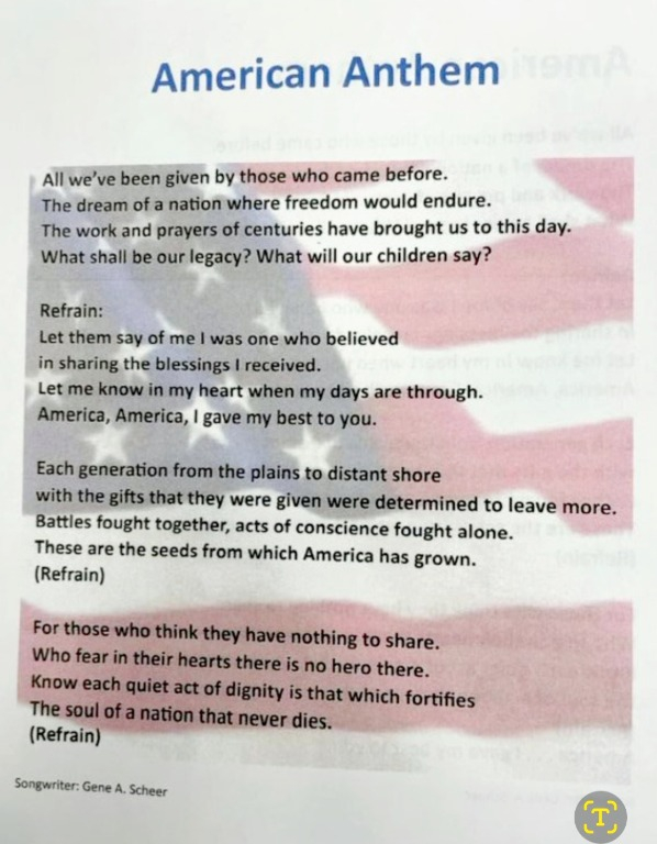 We reflected on the words of American Anthem being sung after Judy and Bobs presentations.