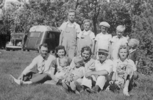 Picnic with Henry Swanhorst Family (Freds brother) - Back row: Zeke, Eldon, David, John, Richard; Front row: Henry, Lenore, Barbara, Bob, Erika, Fred, Rosemarie
