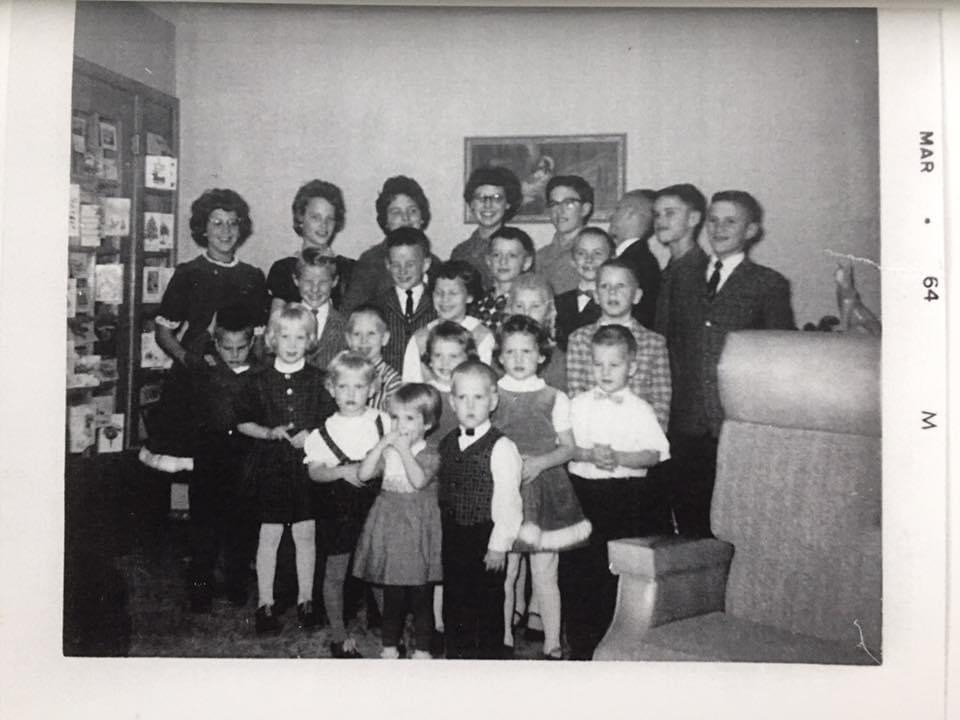 The cousins after the Christmas pageant at John and Donnas house.  Not included - Rob, Randy and Jann