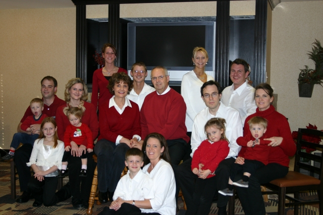 Back: Dana and Mike Schmidt(Sioux Falls, SD), Melanie and Steve Schmidt (Minneapolis, MN).  Their son, Landon, was born Feb. 8th.
Middle Row:  Stan, Aiden, Jamie, Heather, Ava Mitzel (Brandon, SD) Brenda, Lee (Brandon, SD), Michael, Aidan, Kim, Chloe Bru