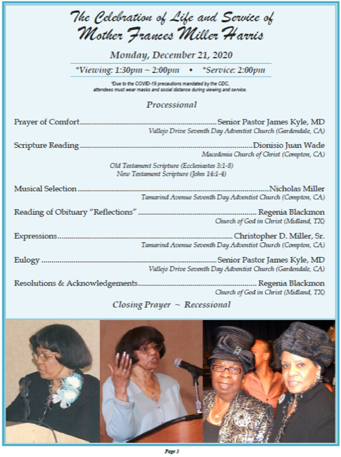 Page 3 of Frances Peterson Miller Harris Homegoing Program