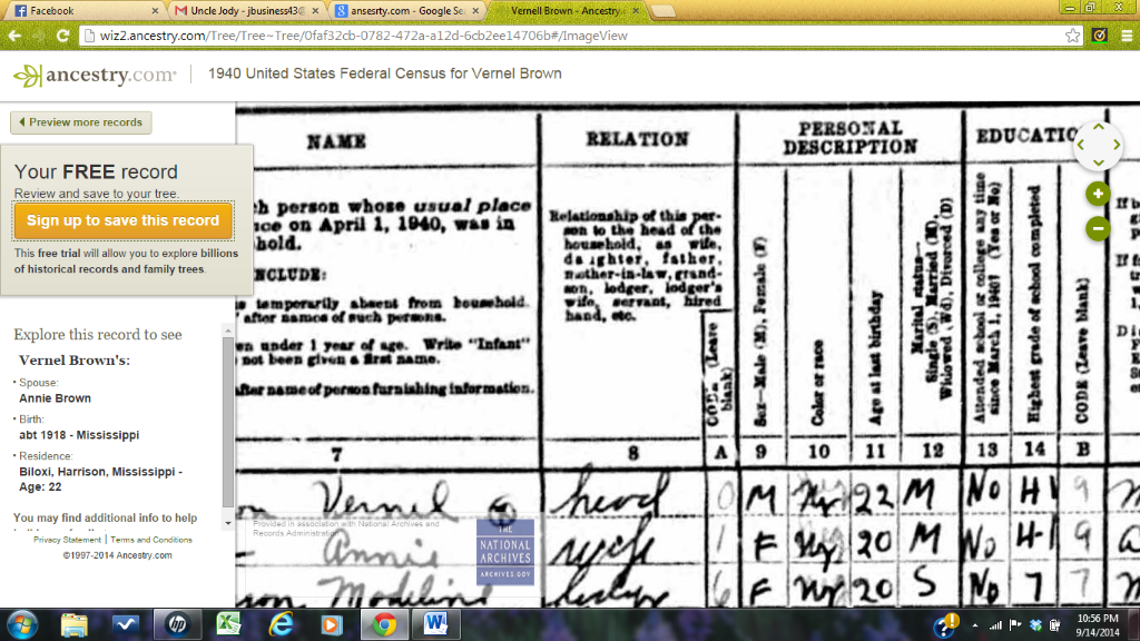1940 CENSUS VERNEL BROWN AGE 22 , ANNIE SHEPPARD BROWN AGE 20