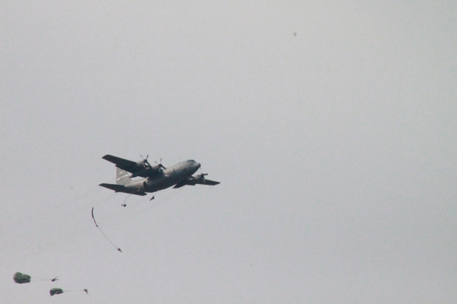 Fryar Field- Drop Zone for airborne training jumps- Jumping both doors from C-130 aircraft
