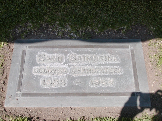 Three out of eight of Saimasinas children are buried at Valhalla Cemetery in North Hollywood, California. The first to pass away in 1964 was Uncle Salu. Here is his headstone.