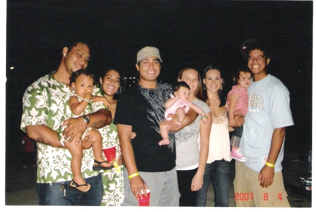 Grandsons with the great grandchildren and their other halfs. From left to right.
Brandon Hanohano, his daughter Kanoe and girlfriend Keola. Preston Keliihoomalu and his daughter Bray and wife Julie. Desmond (Ikaika)Hanohano with his daughter Ambry and w