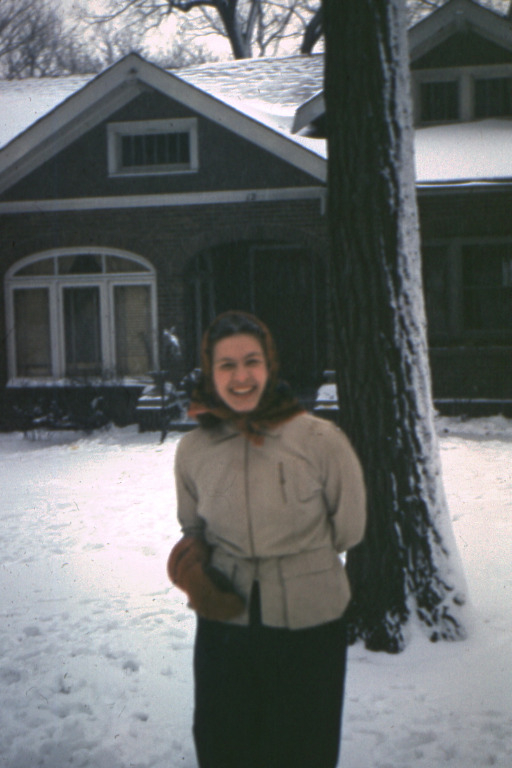 Jeane in front of Gross Family home at 12 Foster Drive - Des Moines, Iowa
