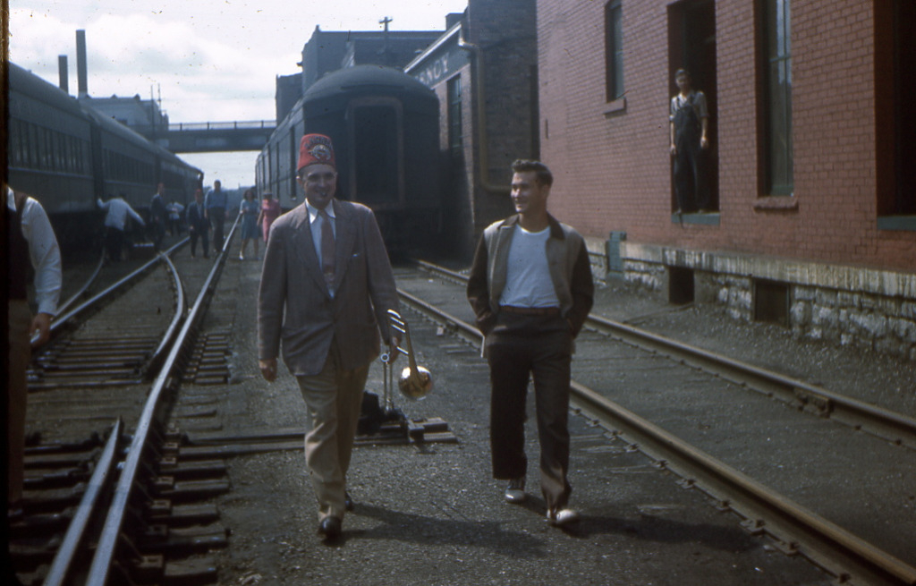 Za-Ga-Zig Shriner Harry with trombone and with son-in-law, Dick Grant.