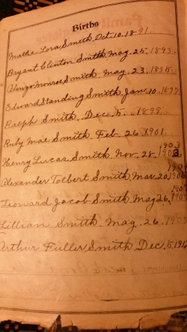 Page from Smith Family Bible showing births to Geneva Ann and Bryant Clinton Smith