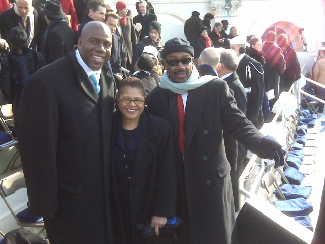 Walter Brown, Jr. with former Speaker of the California State Assembly Karen Bass and former NBA star Magic Johnson at the 2008 Obama Inauguration