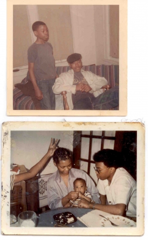 Top: Stevie Brown with older brother Aaron Michael Brown. Bottom: Marguerite with Stevie feeding Aaron (JR) Brown, Jr. Rabbit ears courtesy of Kathy Ann.