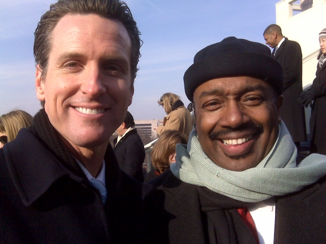 Walter Brown, Jr. with the City of San Francisco Mayor Gavin Newsome at the 2008 Obama Inauguration. (Note current City of Sacramento Mayor Kevin Johnson in the background.)