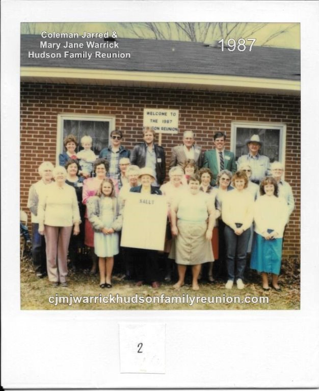 1987 - Family of Sallie: First Row: Rachel Warrick, Keli Ford, Sudie Belle Warrick Sandford, Marie Gooding Gay, Freida Knowles, Dana Gale Evans Second Row: Elizabeth Warrick, Sylvia Knowles Ford, Shirley Warrick Knowles, Reuben Edwards, Sallie Warrick Edw