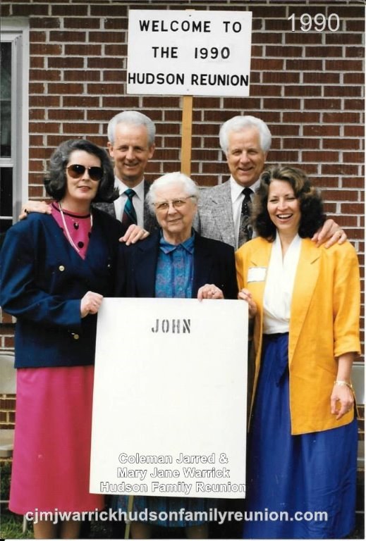 1990 - Family of John: First Row: Colline Roberts, Sallie Hudson Roberts, Laura Slade Hudson Second Row: Hubert Gene Hudson, Bobby E. Hudson