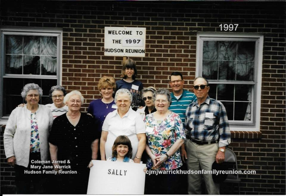 1997 - Family of Sallie: First Row: Heather Gooding Second Row: Sallie Warrick Edwards, Elizabeth Warrick, Hazel Warrick Gooding, Dorothy Joraleman, Kenneth Warrick Third Row: Grace Warrick Short, Cathy Warrick Blow, Trudy Sandford, Carlton Gooding Fourth