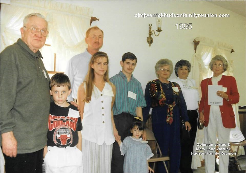 1995 - Visitors: First Row: Jessica Horn Second Row: Edwards Hudson, Michael Hudson, Melanie Britt, Kenneth Weeks, Evelyn Hudson Woodard, Alice Hudson Moore, Margie Hudson Lee Third Row: Ken Pollock Present, but not shown: Junior Horne, Sheila Horne, Shel