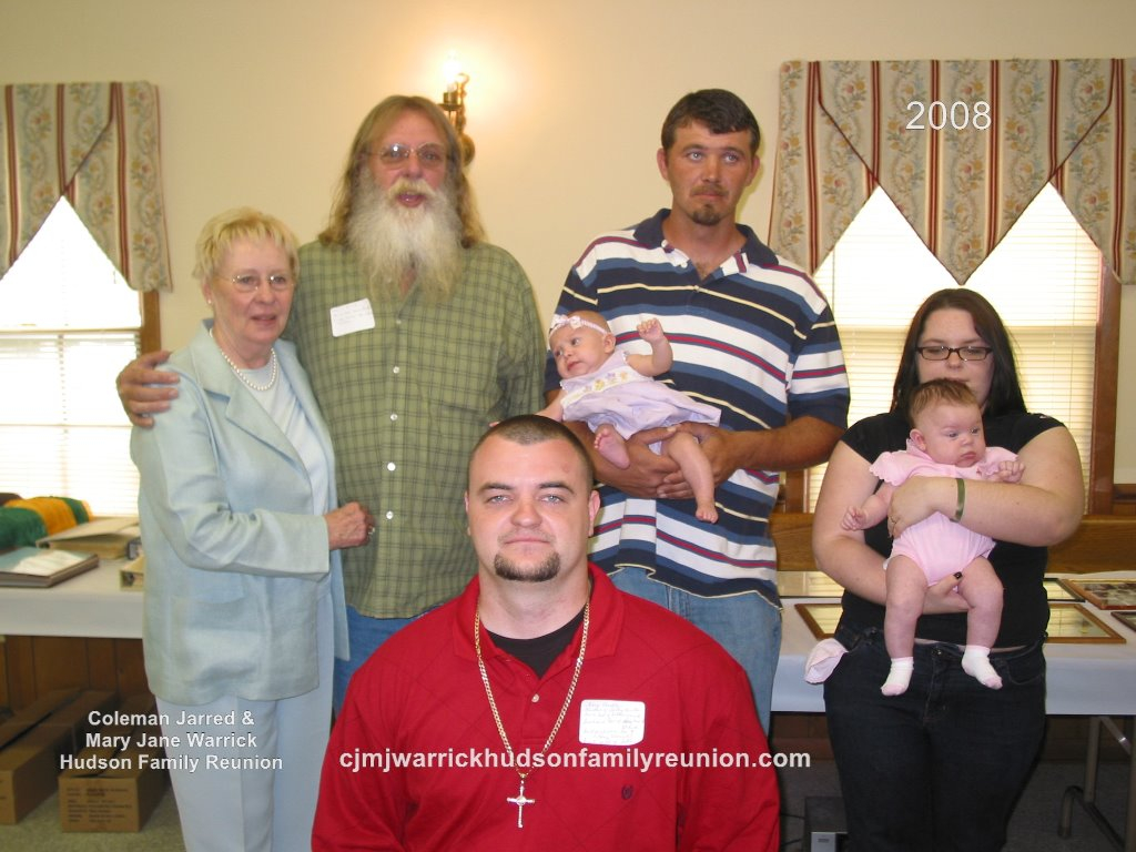 2008 – Descendants First Time Attending:
Front - Tracey Chandler
Babies – Janet Lynn Stewart, Katrina Janeane Noble.
Back Row – Mary Hudson Sellars, Edwin (Ed) Nichols, Donnie Stewart, (Billy Jo Fish [Noble] visitor).

