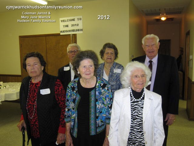 2012 – Descendants Age 80 and Older:
First Row – Eleana Sutton Hudson (92), Annie Ruth Hudson Sizemore (88), Norma Hudson West (86).
Second Row – H. J. Register (80), Elsie Spell Hudson (81), Elwood (Woody) Hudson (84).